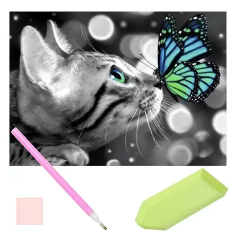 Kat Med Sommerfugl 5d Diamond Paint 40 X 30 Cm fra Dingadget
